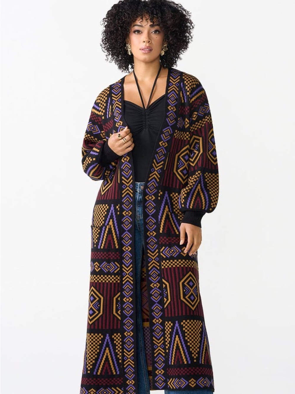 Long Geometric Knit Cardigan in Burgundy, Black & Gold